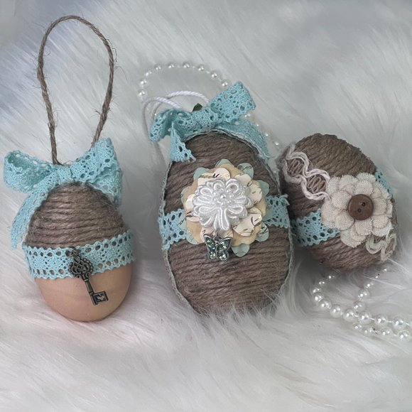Shabby Chic Mint Green Twine Easter Egg SET (3), Custom Eggs, Farm Easter Décor, - Picture 1 of 14